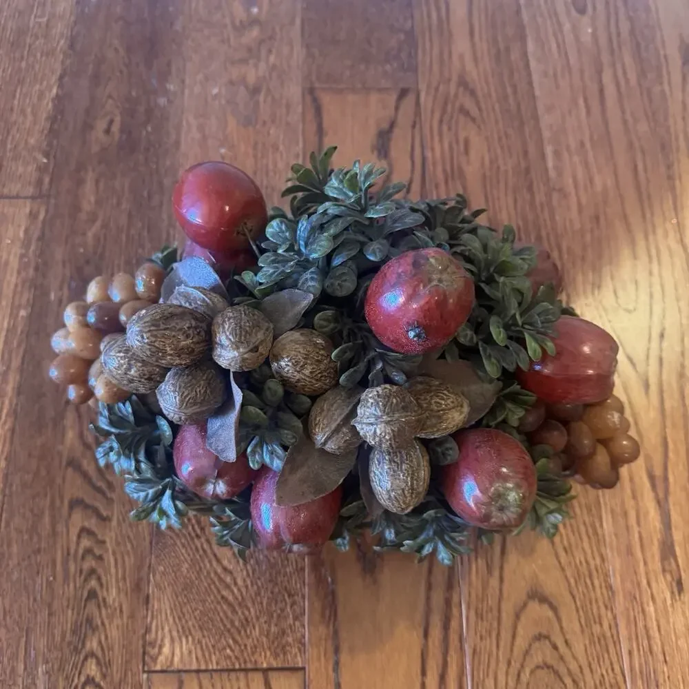 Vintage Plastic Fruit Arrangement Woven Basket Walnuts Apples Grapes Ladybug MCM